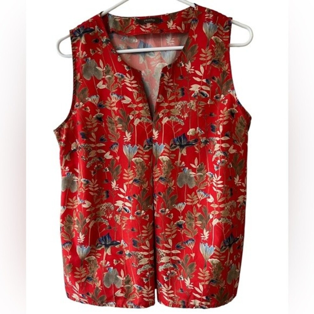 Crosby Red White Floral Silky Satin Sleeveless Blouse Tank Top Shirt size Large